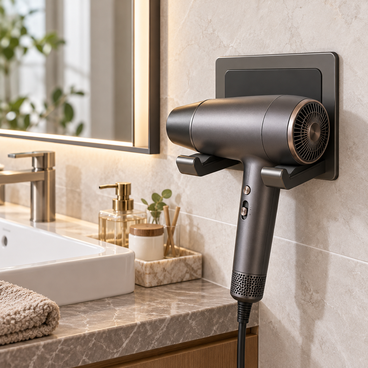 No-Drill Wall-Mounted Hair Dryer Holder – Bathroom Organizer
