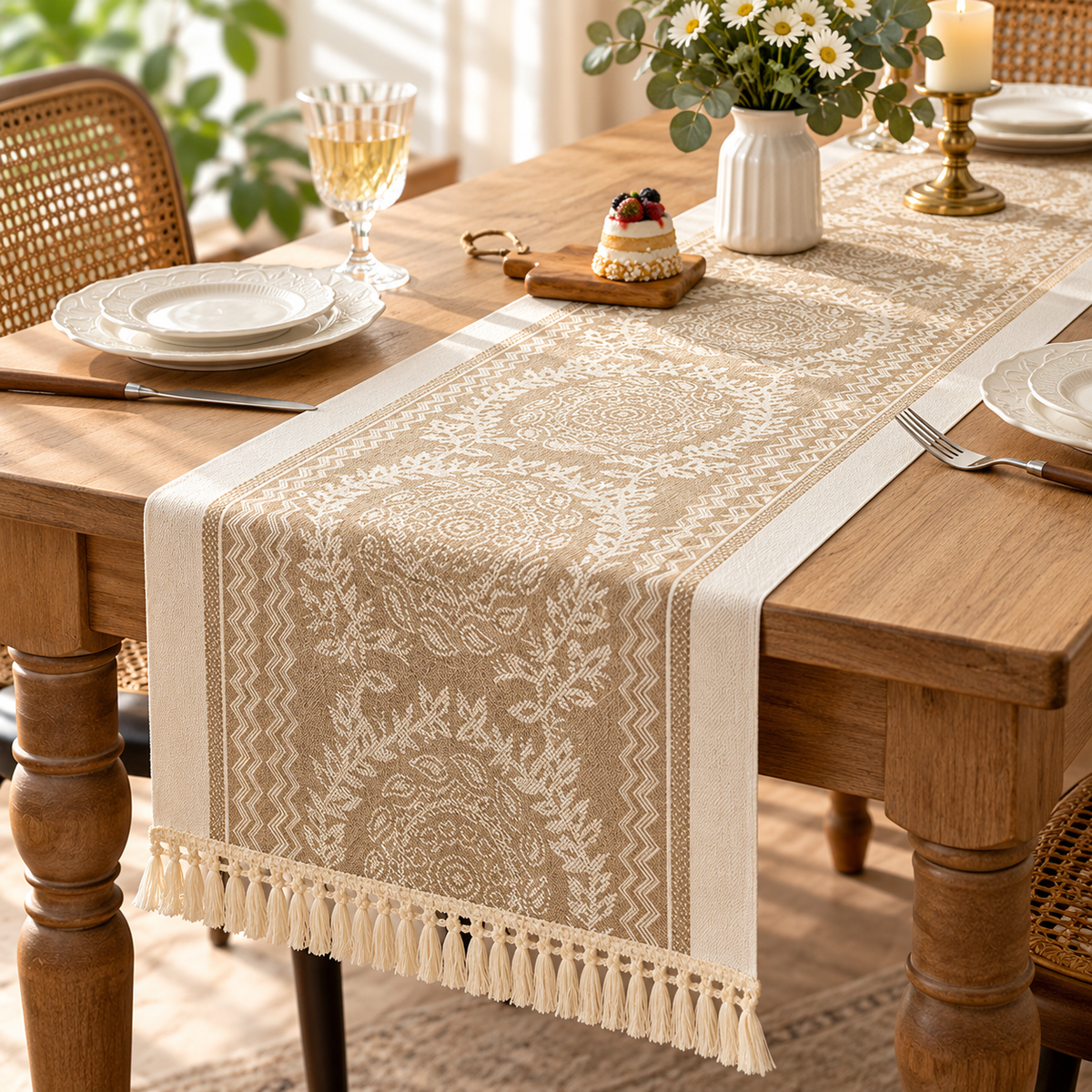 Boho Geometric Table Runner with Fringe Tassels