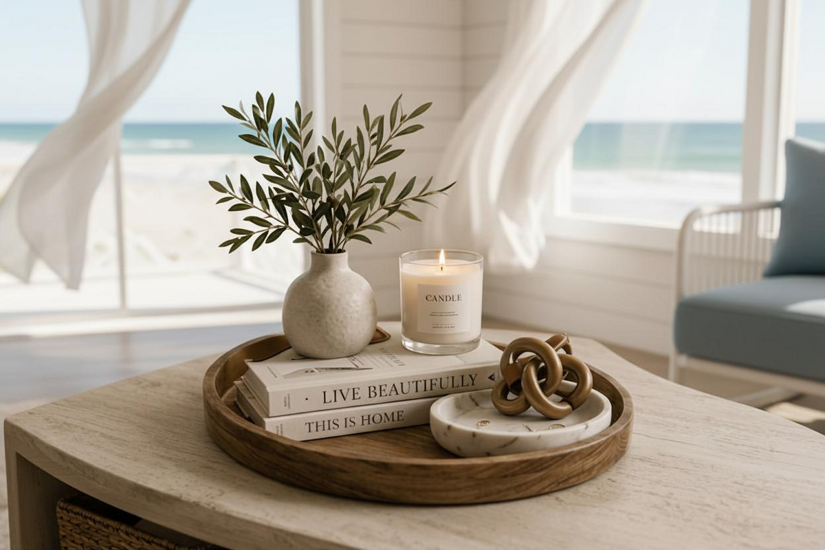 Styled home interior with natural textures and warm wood