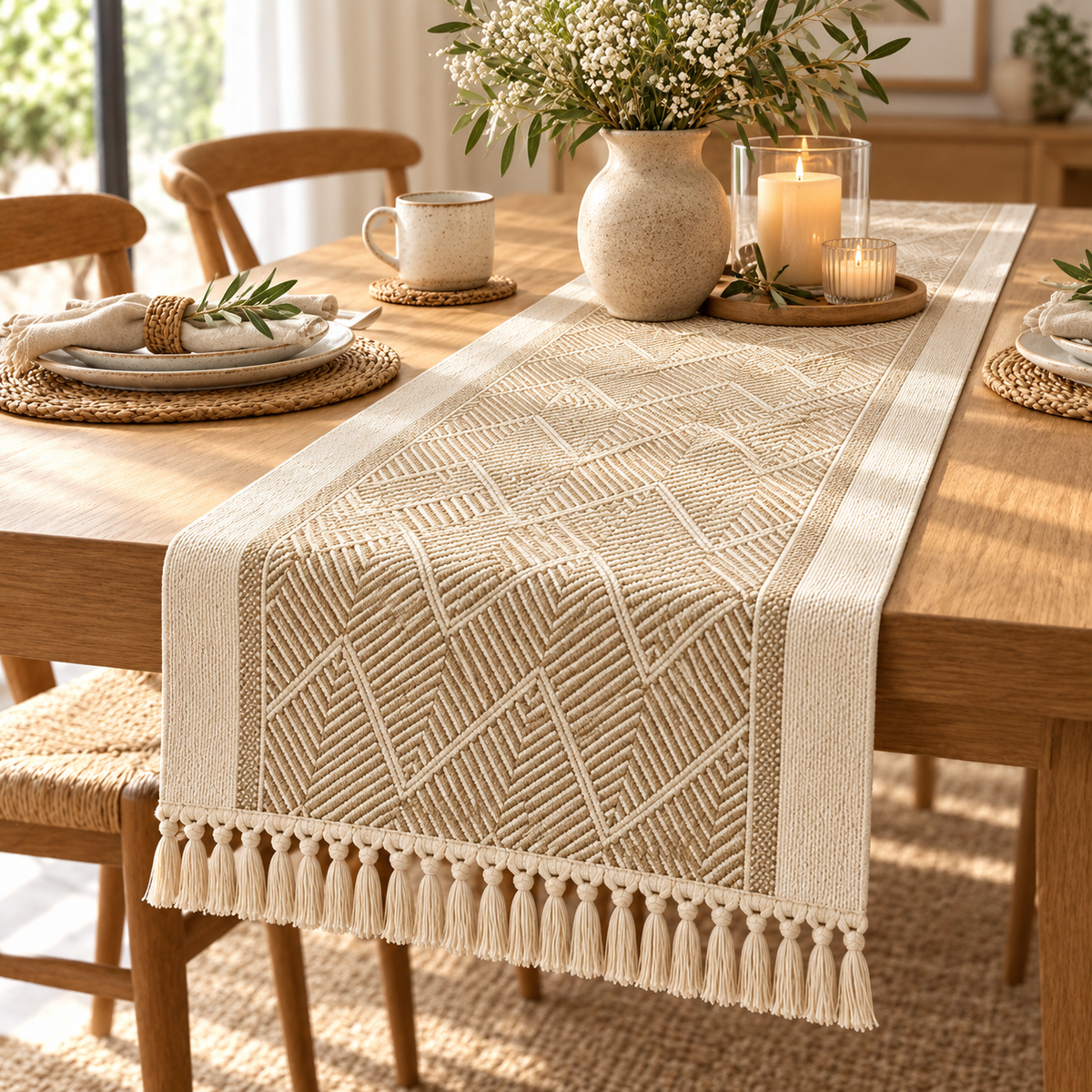 Boho Geometric Table Runner with Fringe Tassels
