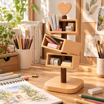 Rotating Wooden Pen Organizer – 3-Tier Desktop Storage Stand