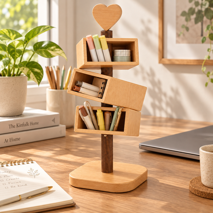 Rotating Wooden Pen Organizer – 3-Tier Desktop Storage Stand